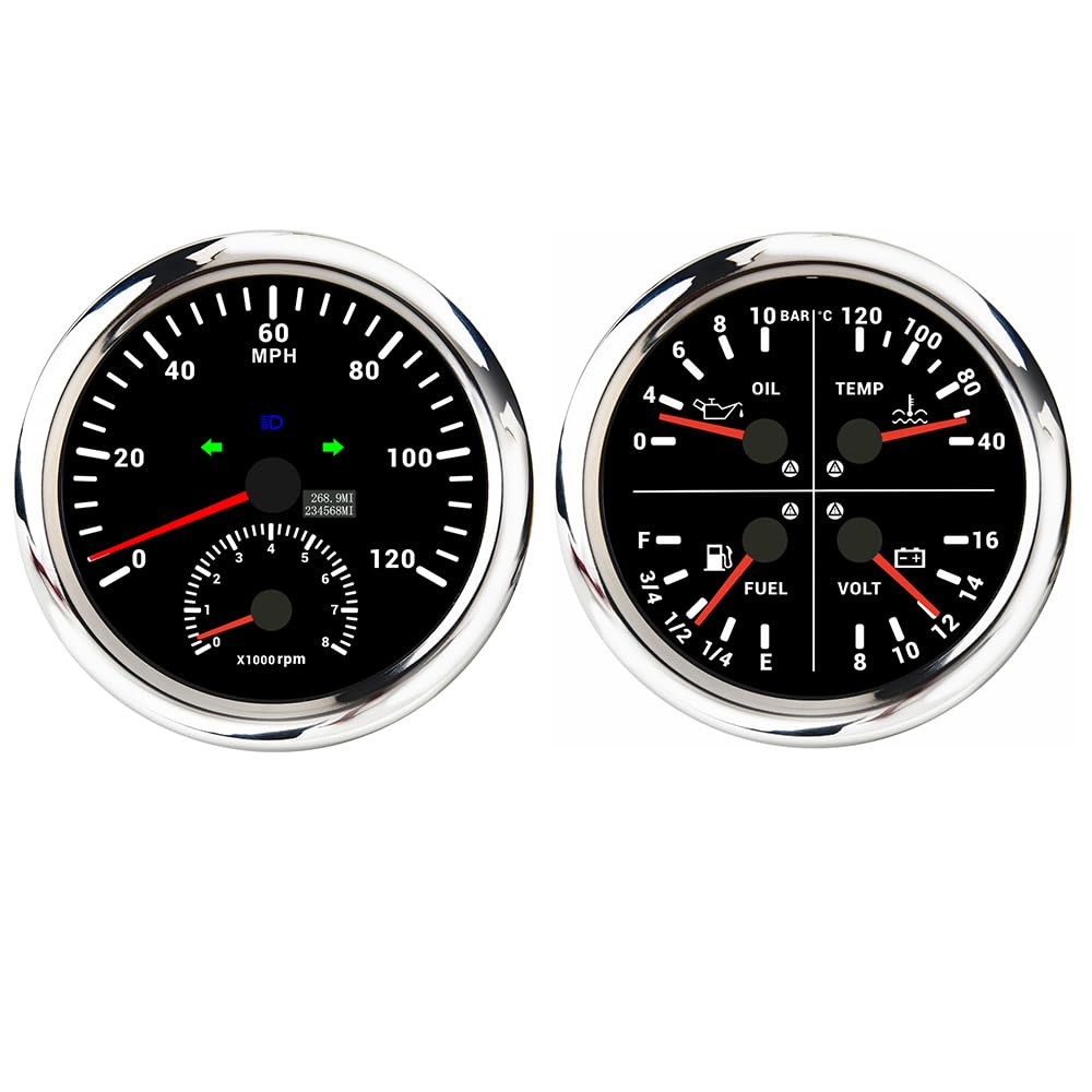 ELING Tachometr GPS 110 mm, 0-120 MPH z obrotomierzem 0-8000 obr./min, obrotomierz z wielofunkcyjnym urządzeniem pomiarowym 4 w 1, 12 V z podświetleniem tła z alarmem do motocykli limuzyn
