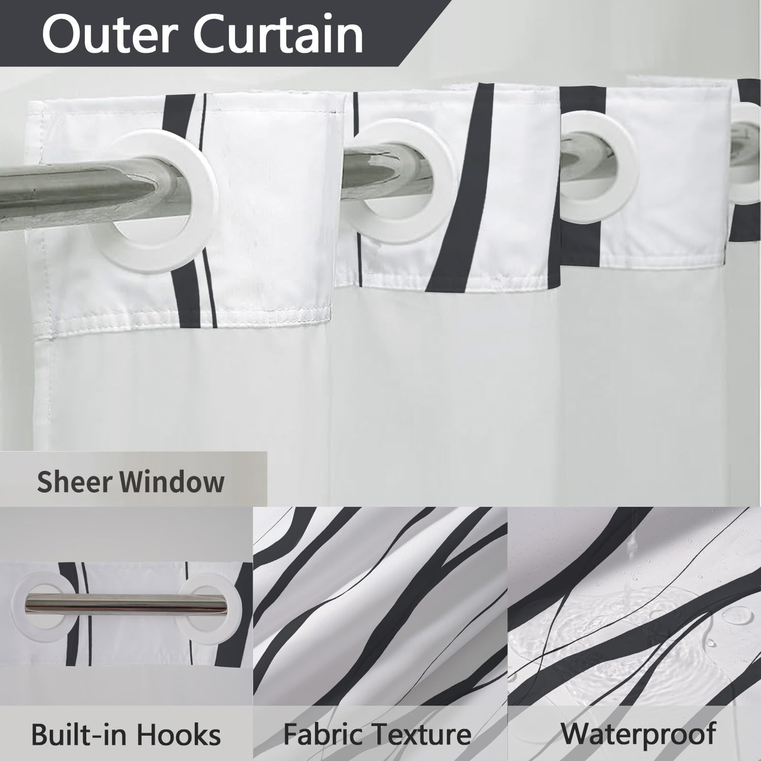 No Hook Shower Curtain with Snap in Liner Set, Dark Grey and White Striped Design, Waterproof Fabric Hotel Shower Curtains for Bathroom Decor with See Through Mesh Top Window 71x74 Inch