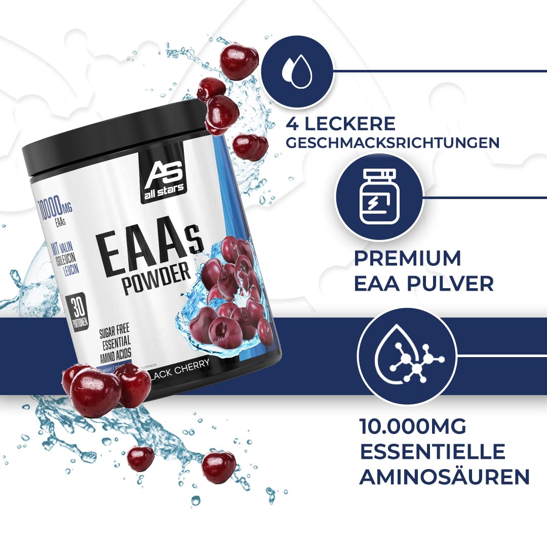All Stars EAA Powder Black Cherry I Aminosäuren hochdosiert I 420g Pulver mit 10.000mg EAAs pro Portion I BCAA Supplement mit L-Leucin + L-Valin + L-Isoleucin I Shake zuckerfrei