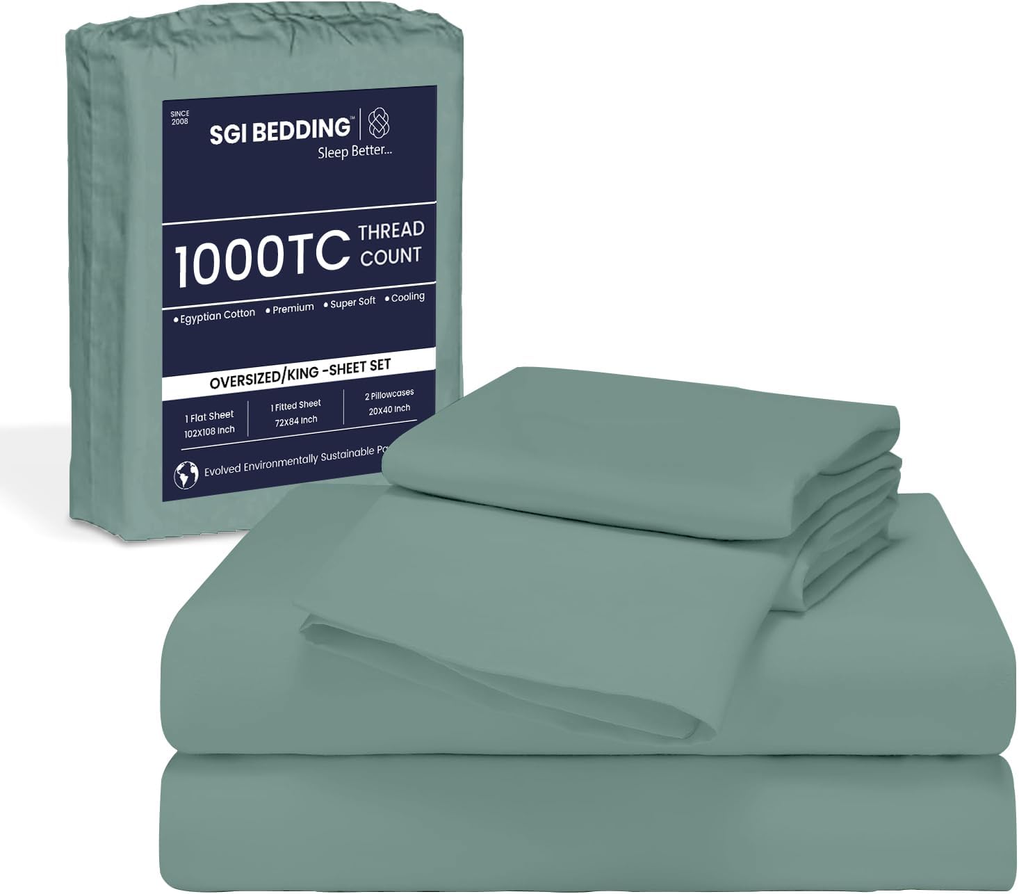 SGI bedding 108"x 108" 4 Pc Alaskan King Sheet Set 1000 Thread Count 100% Egyptian Cotton - Deep Pocket 18" Ultra Soft, Breathable, Hotel Quality Sheets, Oversized Bed Sheets, Aqua Green