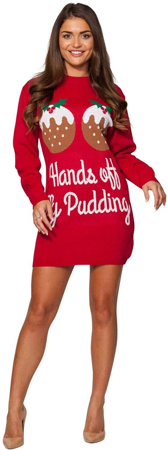 GirlzWalk ® Women Two Reindeer Merry Christmas Knitted Sweater Ladies Novelty Xmas Party Midi Tunic Jumper Dress (Red Pudding, SM/UK 8-10)