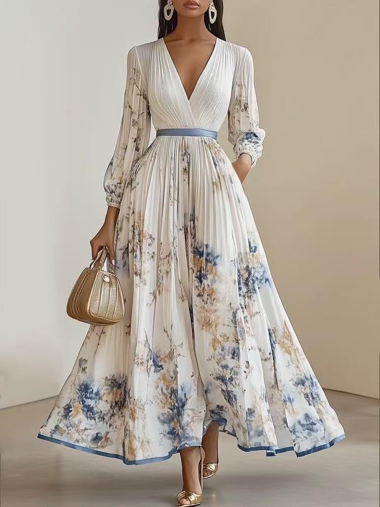 Women's Elegant Floral Print Pleated Maxi Dress Deep V Neck Long Sleeve for Wedding Guest Cocktail Party