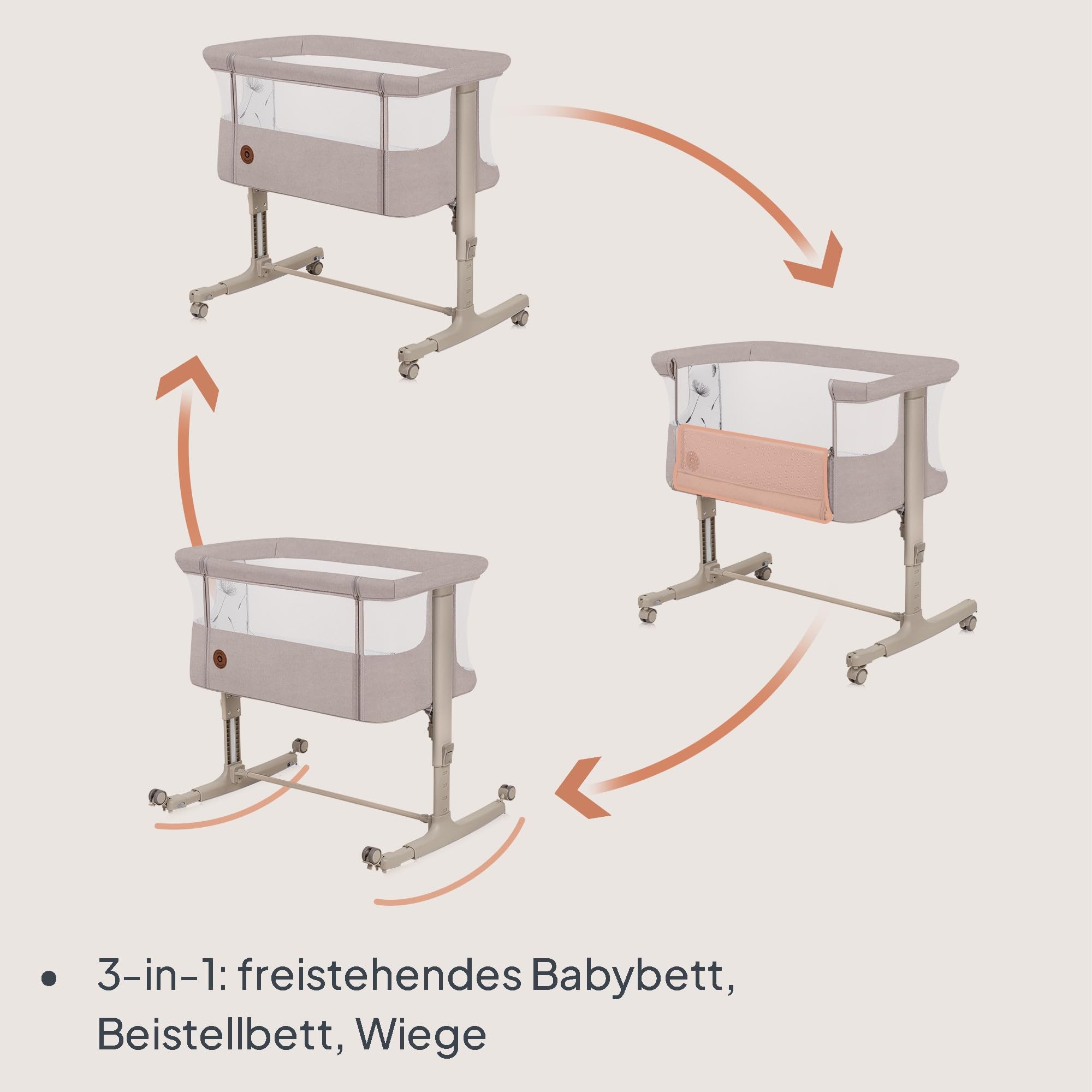 Lionelo Aurora 3 in 1 Babybett bis 9 kg, Beistellbett, Wiege, Höhenverstellug und Einstellung der Neigung der Matratze, 4 Räder mit Bremse Ergonomische Matratze Tasche