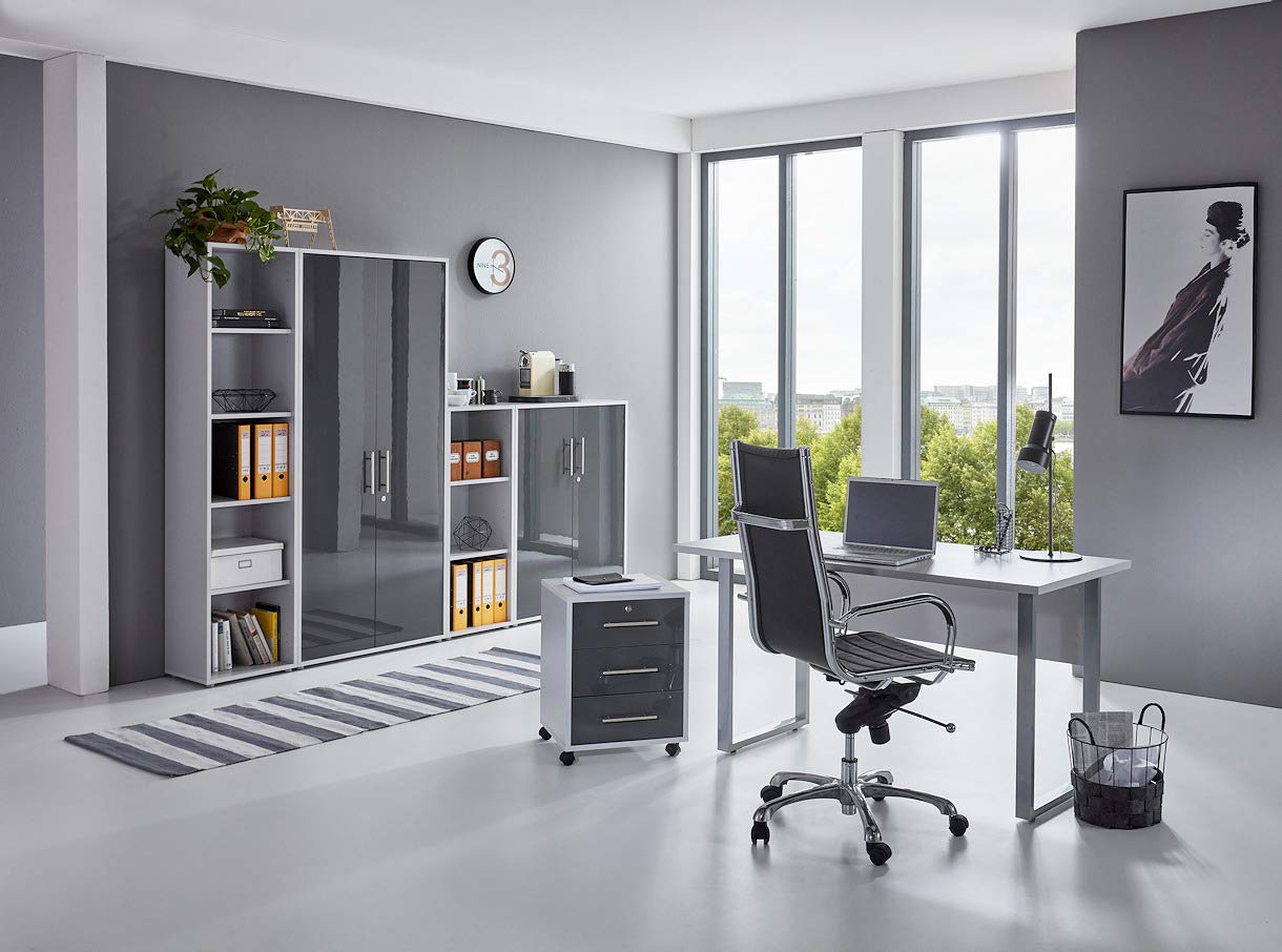 Büromöbel Set Komplett TABOR 4 Schreibtisch Rollcontainer Aktenschränke Regal Korpus lichtgrau Front anthrazit Hochglanz