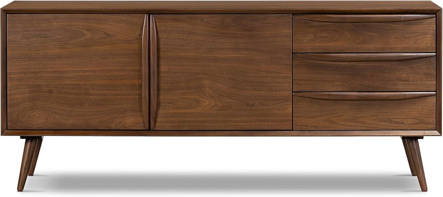 Bablon Cura 71-Inch Walnut Sideboard – Solid Wood 3-Drawer and 2-Door Storage Cabinet, Mid-Century Modern Buffet for Dining Room or Living Room (Walnut)