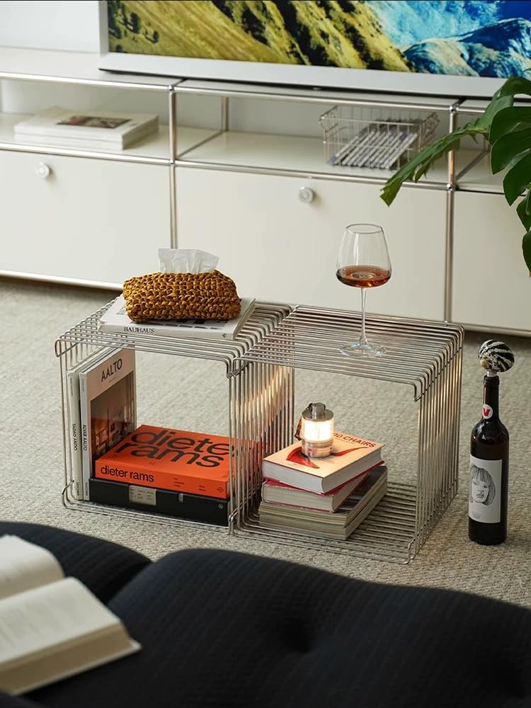 304 Stainless Steel Side Table, Bookshelf Stackable | Square Geometry Retro Side Table Linear Metal End Table,Wire Cube Storage Rack,coffee table,Multi-Purpose Accent Table