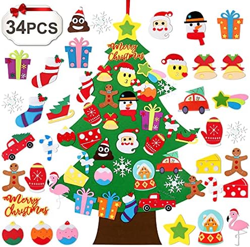 DIY Felt Christmas Tree Decorations for Kids/Toddlers, 3.1ft DIY Velcro Felt Christmas Tree Set with 33Pcs Christmas Ornaments, Felt Xmas tree Gifts for Children, Handmade Christmas Door Wall Decor