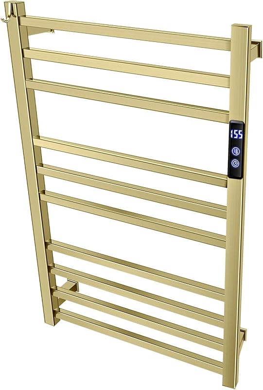XBVV Toallero calentador para baño con temporizador/control de temperatura Fahrenheit montado en la pared con calefacción eléctrica, riel de 10 barras, enchufable o cableado, mantiene caliente la toalla de ducha de baño (oro cepillado)