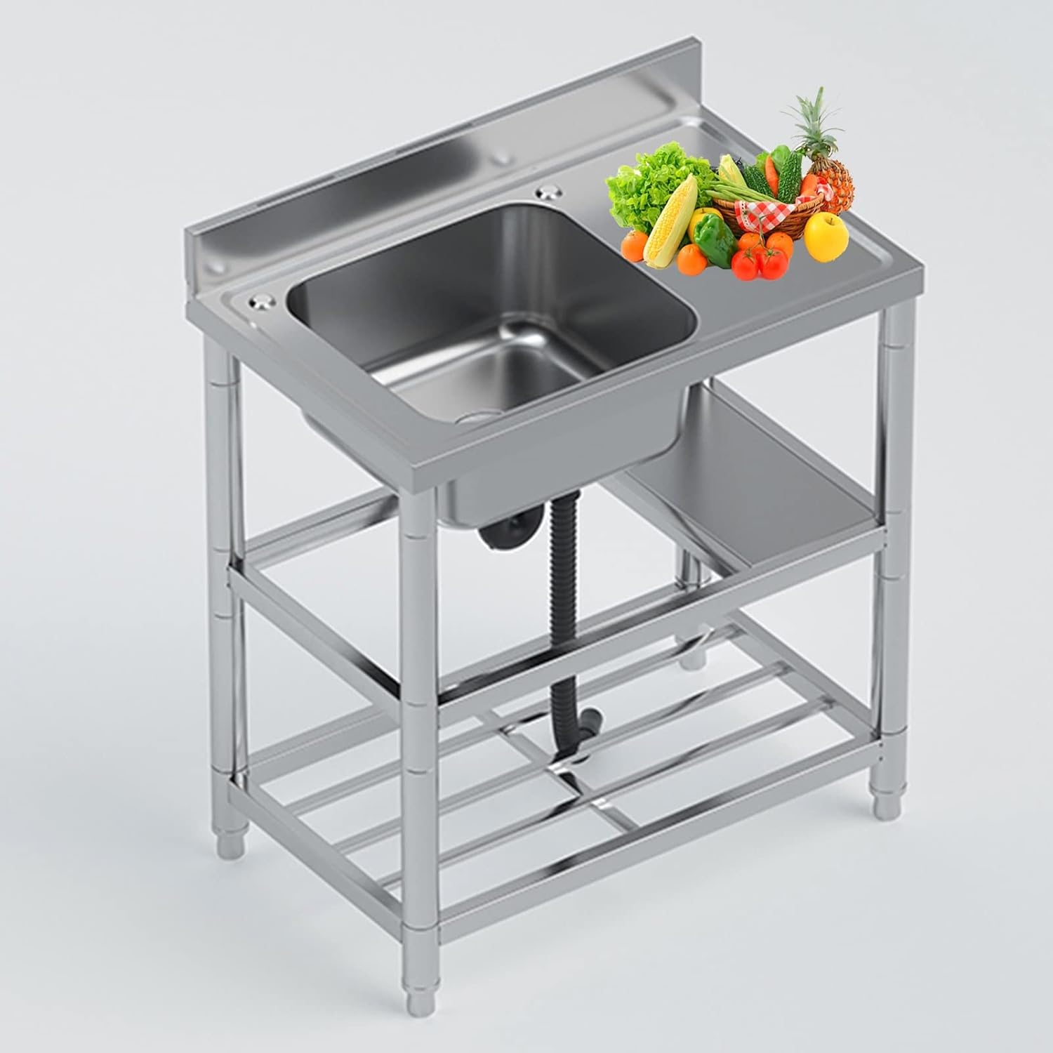 3-Compartment Stainless Steel Commercial Sink With 2 Faucets - Large Prep Sink For Kitchen, Garage, Restaurant & Outdoor Use