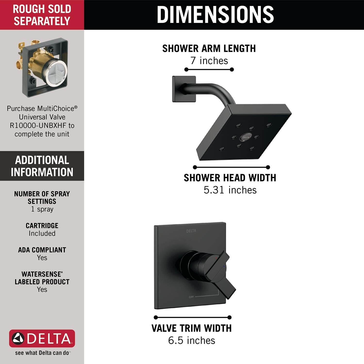 Delta Faucet Ara 17 Series Dual-Function Shower Trim Kit with Single-Spray H2Okinetic Shower Head, Matte Black T17267-BL (Valve Not Included)