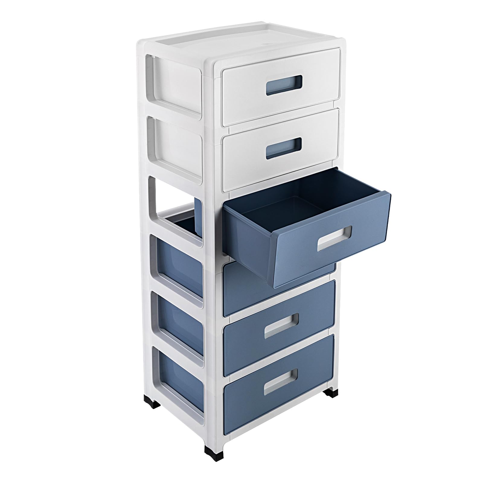 Cassettiera a 6 ripiani, in plastica con ruote, con cassetti, organizer da scrivania, 35 x 26 x 83,5 cm, sistema di stoccaggio in plastica, colore: blu/bianco