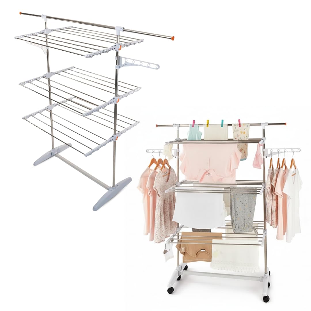 Téléshopping - Sechoir Linge Innovation Deluxe 22m | 6 Plateaux Réglables + 1 Barre Extensible | Etendoir Linge Capacité 25kg | 36 Crochets + 2 Porte-Cintres | Roulettes & Structure Acier Pliable