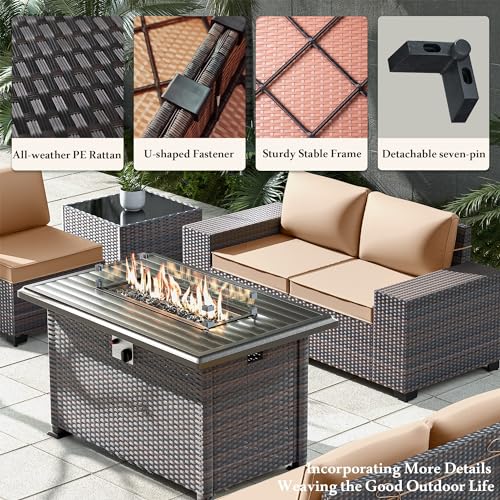 Image of 13 PCS Outdoor Patio Furniture Set,Outdoor Sectional Furniture with 43 inch 55000 BTU Gas Propane Fire Pit Table,All Weather PE Rattan Wicker Patio Conversation Set,Sand