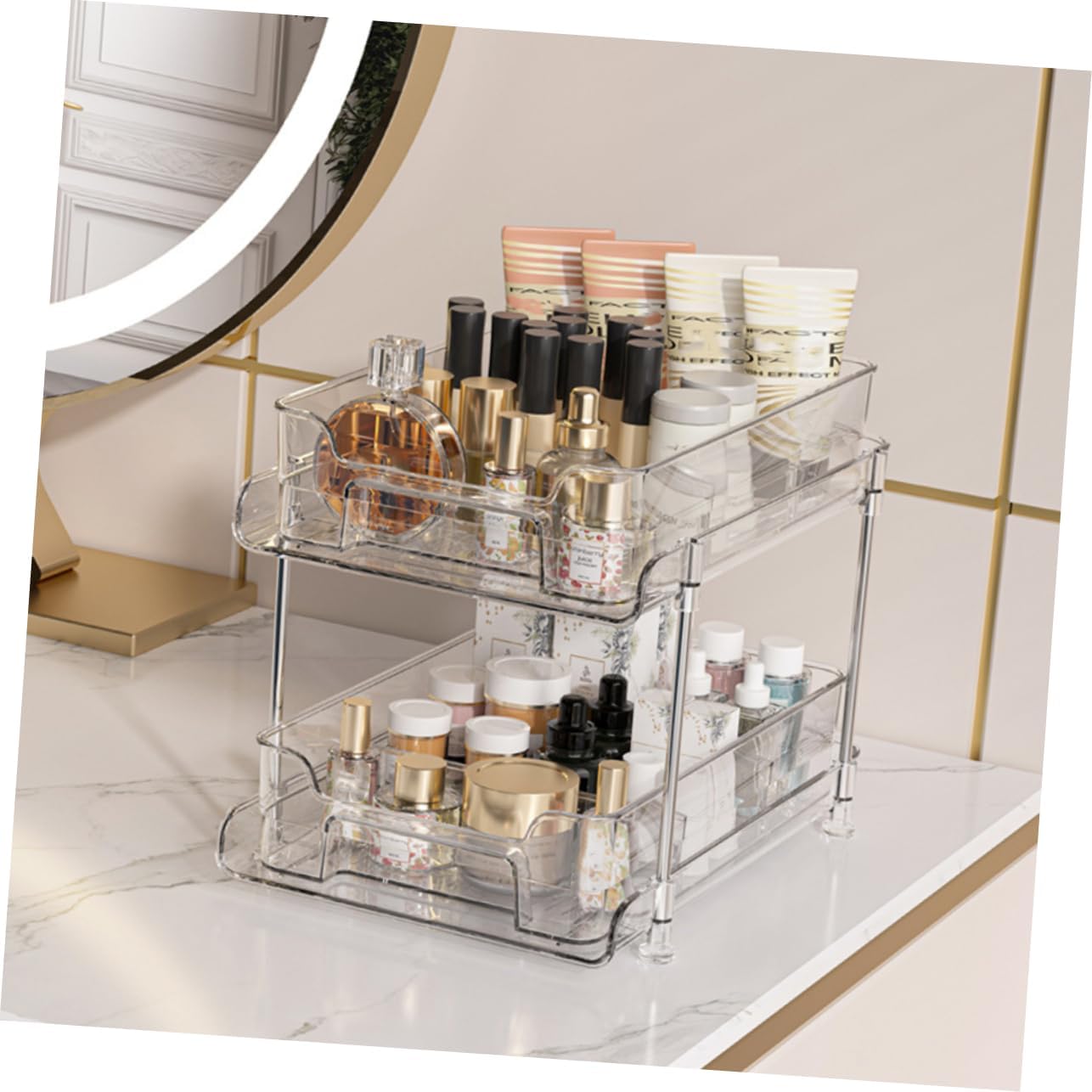 GLEAVI Multilayer Drawer Organizer for Kitchen and Bathroom 2-Tier Plastic Storage Rack Dividers Pull-Out Vanity Storage Solution for Makeup Sink Organization