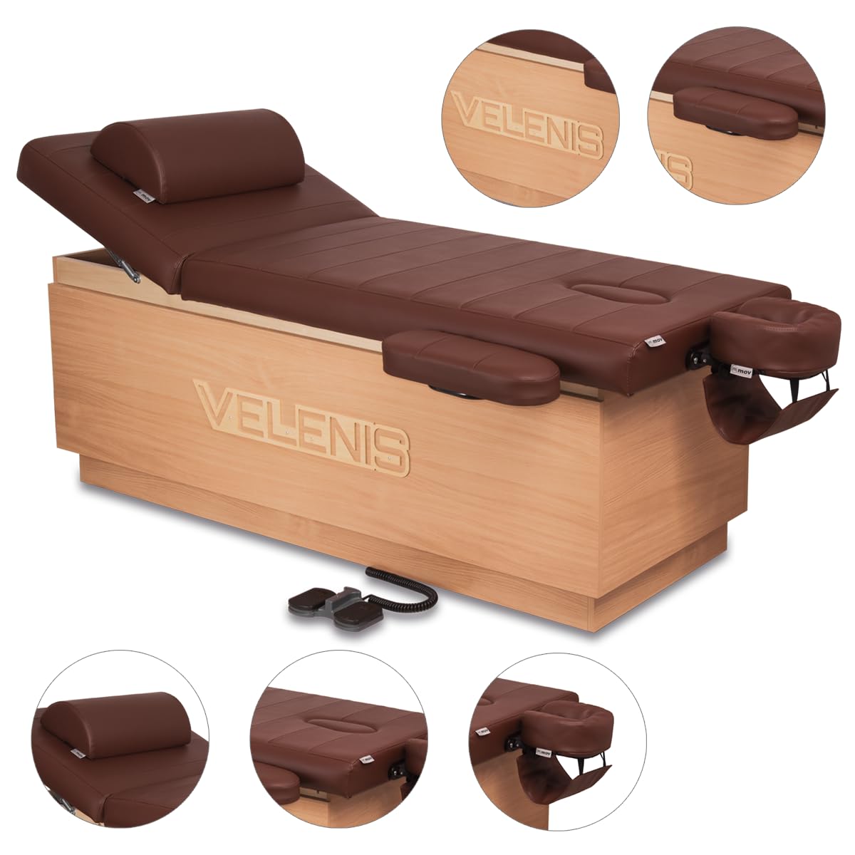 Professionelle elektrische Spa-Liege - Velenis P, ausgestattet mit Verstellbarer Rückenlehne, Armsegmenten, Gesichtsloch mit Stecker und eleganter Holzkonstruktion