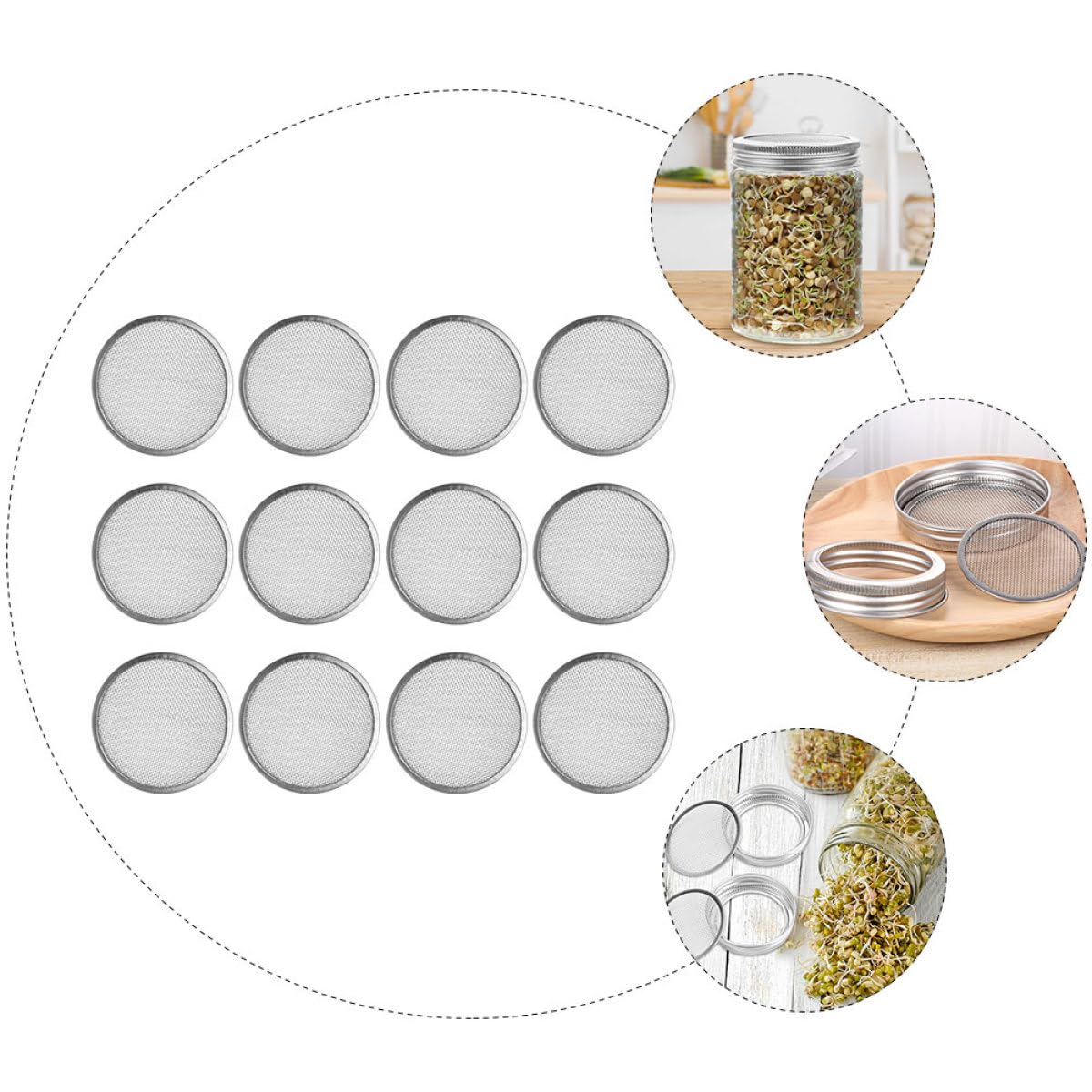 Tapas de Malla para Frascos de Germinación 6 Piezas, Acero Inoxidable 304, Filtro Colador para Brotes, Compatible Frascos de Boca Ancha, Tapa Duradera para Cocina y Hogar