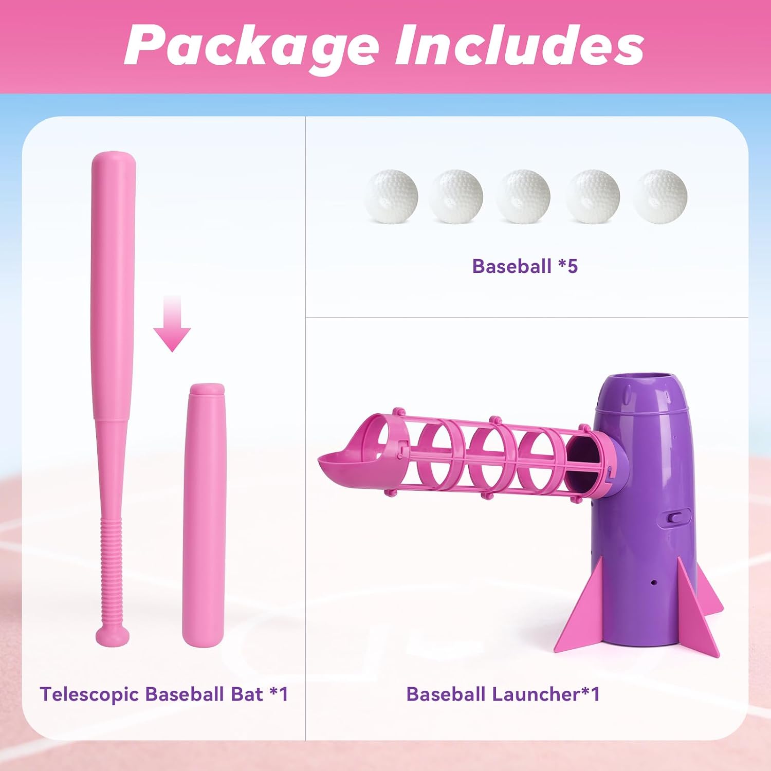AuntyFey Auto Kids Baseball Pitching Machine, Pop Up Tball Trainer, Automatic Baseball Launcher for Kids 6-10, Batting Practice Equipment with 5 Plastic Balls & Bat, Lavender