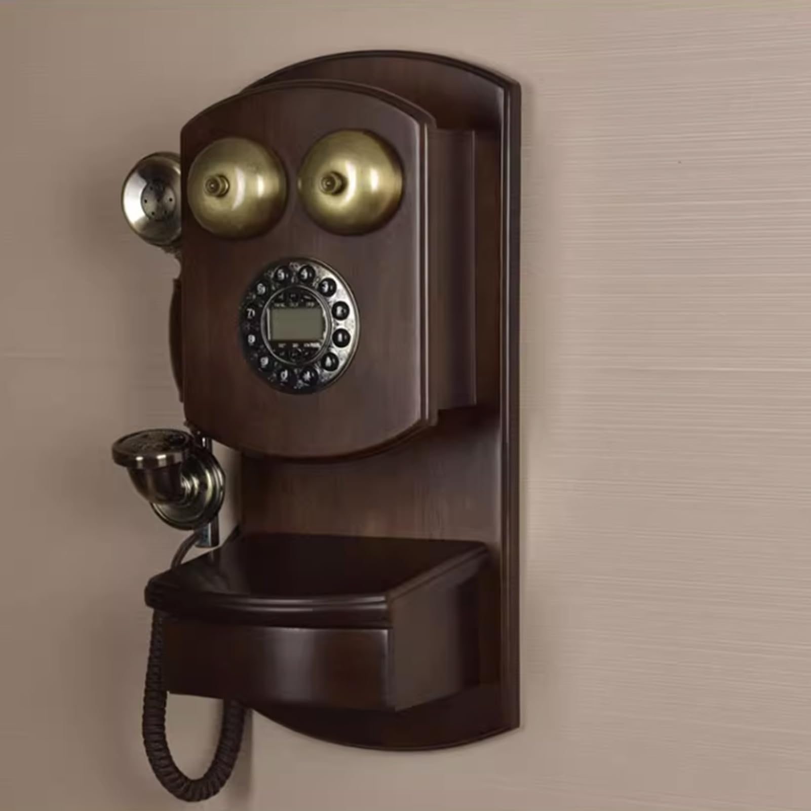 Telefon montowany na ścianie Telefon przewodowy w stylu retro Drewniany telefon domowy/biurowy Telefon stacjonarny Dekoracja w stylu vintage Telefon, czerwony(Brown)