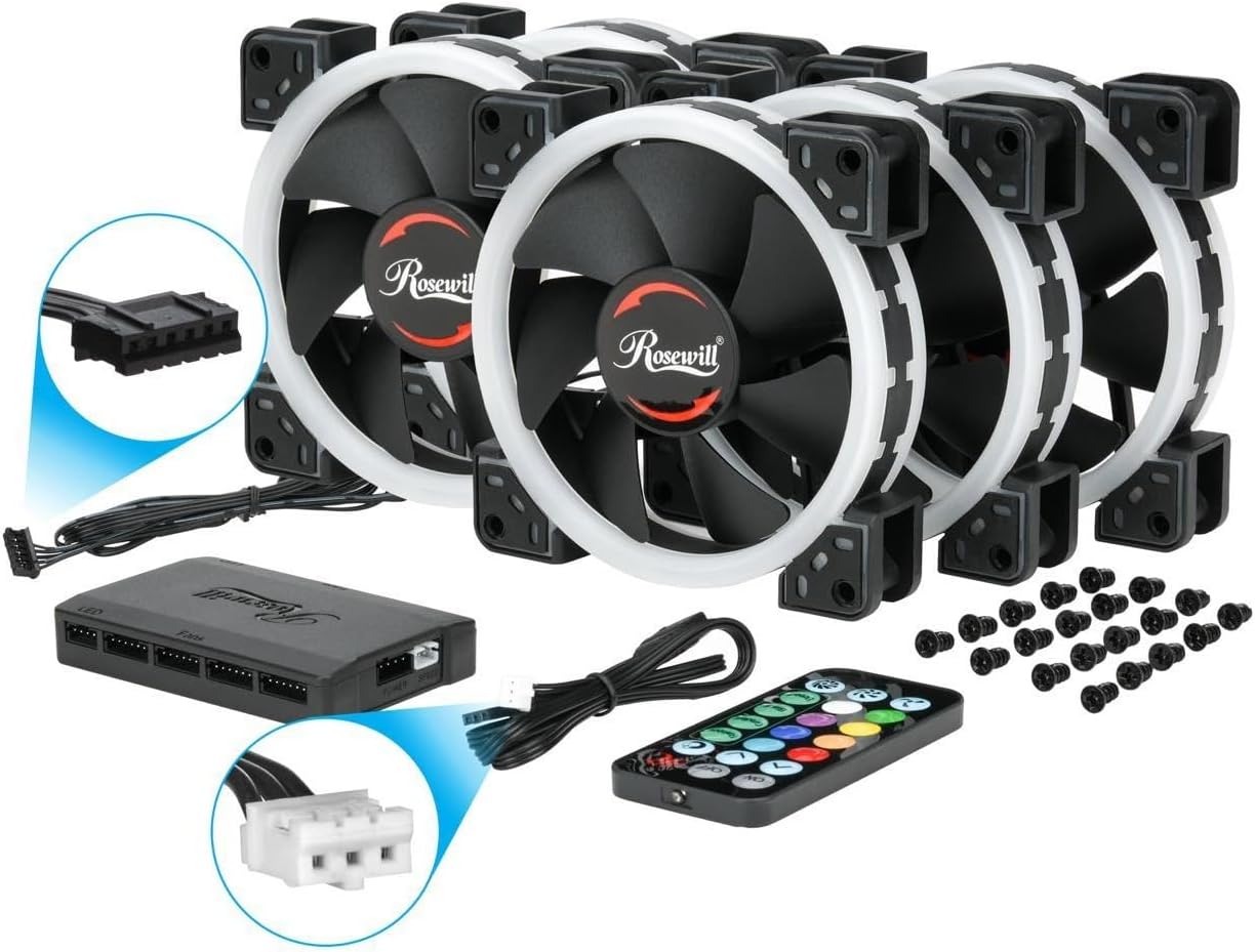 Rosewill RGBF-23001 120mm Dual Ring Addressable RGB Case Fan Hub Set, True RGB LED Case Fans (5-Pack) and 8-Port Fan Hub, Ultra Quiet Cooling with Long Life Rifle Bearings