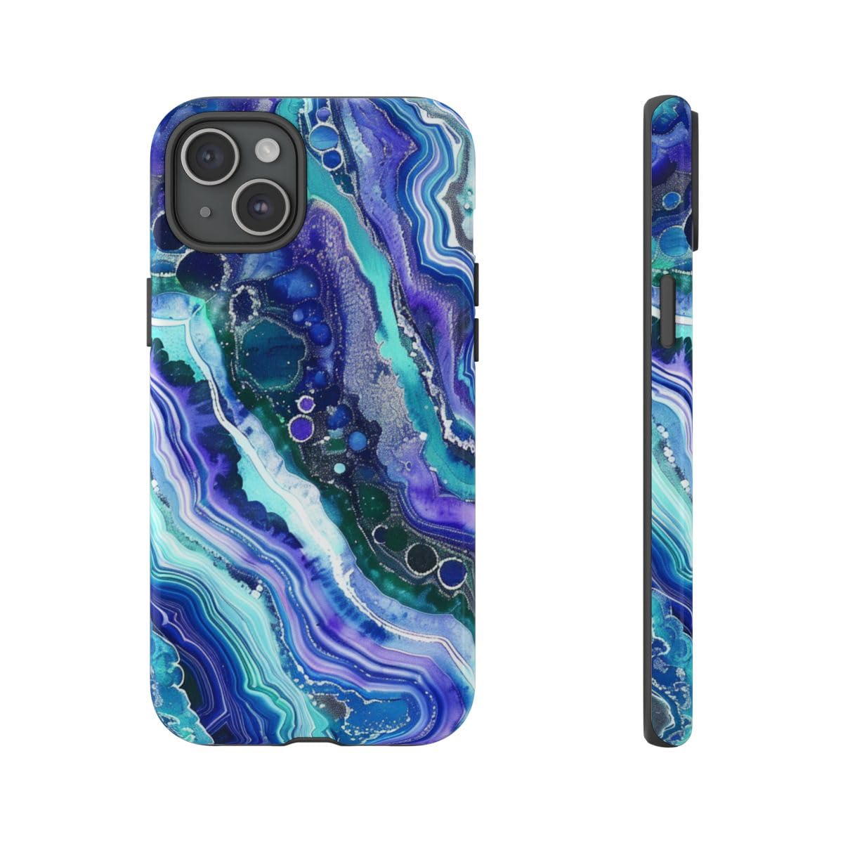Coque rigide iPhone 15 Plus bleu violet brillante contre rayures motif géode - 4