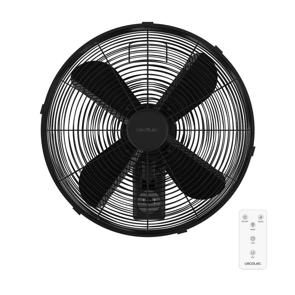 Cecotec Ventilateur Mural avec Télécommande EnergySilence 4500 Power Wall Control Black, 50W, Diamètre 45cm, 4 Pales Aérodynamiques, Écran LED, 3 Vitesses, Minuterie 8h, Oscillation Automatique
