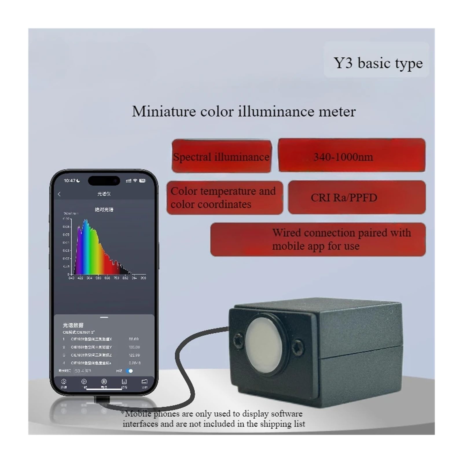 Espectrómetro portátil de 340-1000 nm, espectrofotómetro LED de laboratorio for medir la longitud de onda espectral Ppfd en plantas. Amplio rango de medición