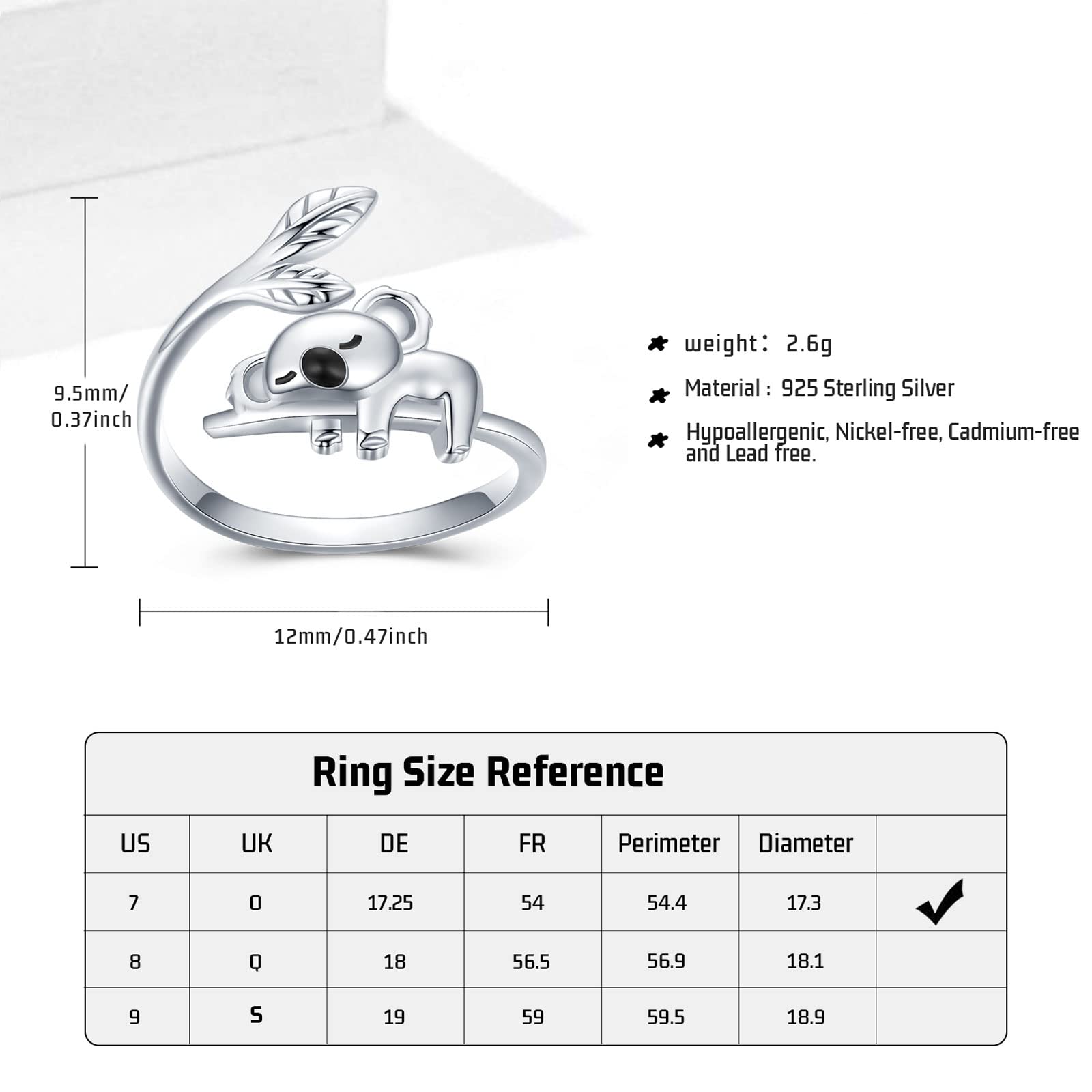 Koala - Anillo de plata de ley 925 para mujer, diseño de koala ajustable, abierto, con bonito animal para niñas