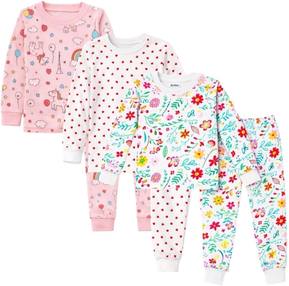 BenBen Kids Toddler Girl Pajamas Pj Set Long Sleeve Sleepwear Loungewear Soft & Comfort 3-Pack - Size 2Y to 10Y