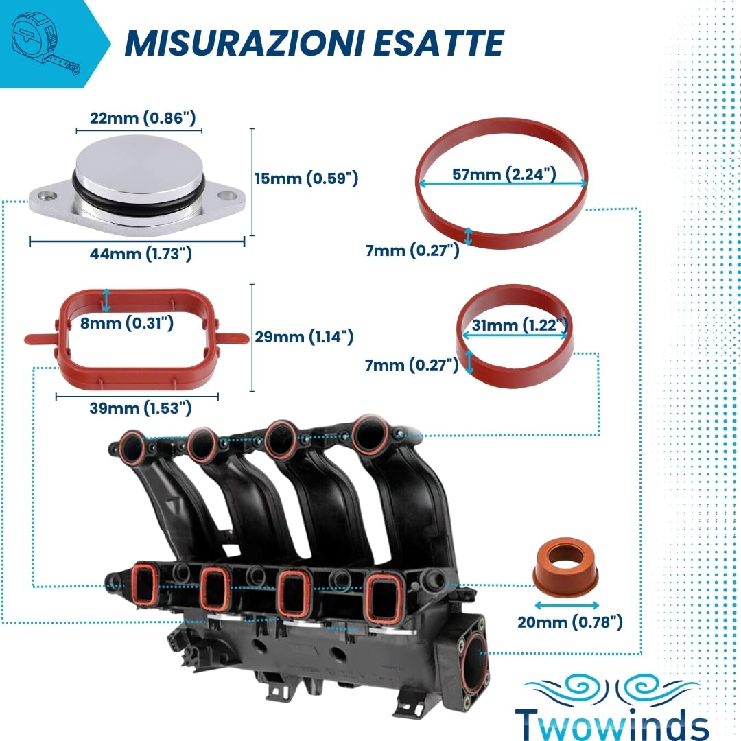 Twowinds - Kit Annullare Farfalle Collettore di Aspirazione (22 mm) Compatibile con BMW E90 E46 E39 E60 E61 E65 X3 X5 - Rimozione Swirl Flap - Eliminazione Valvole Swirl (14 guarnizioni e 4 tappi)