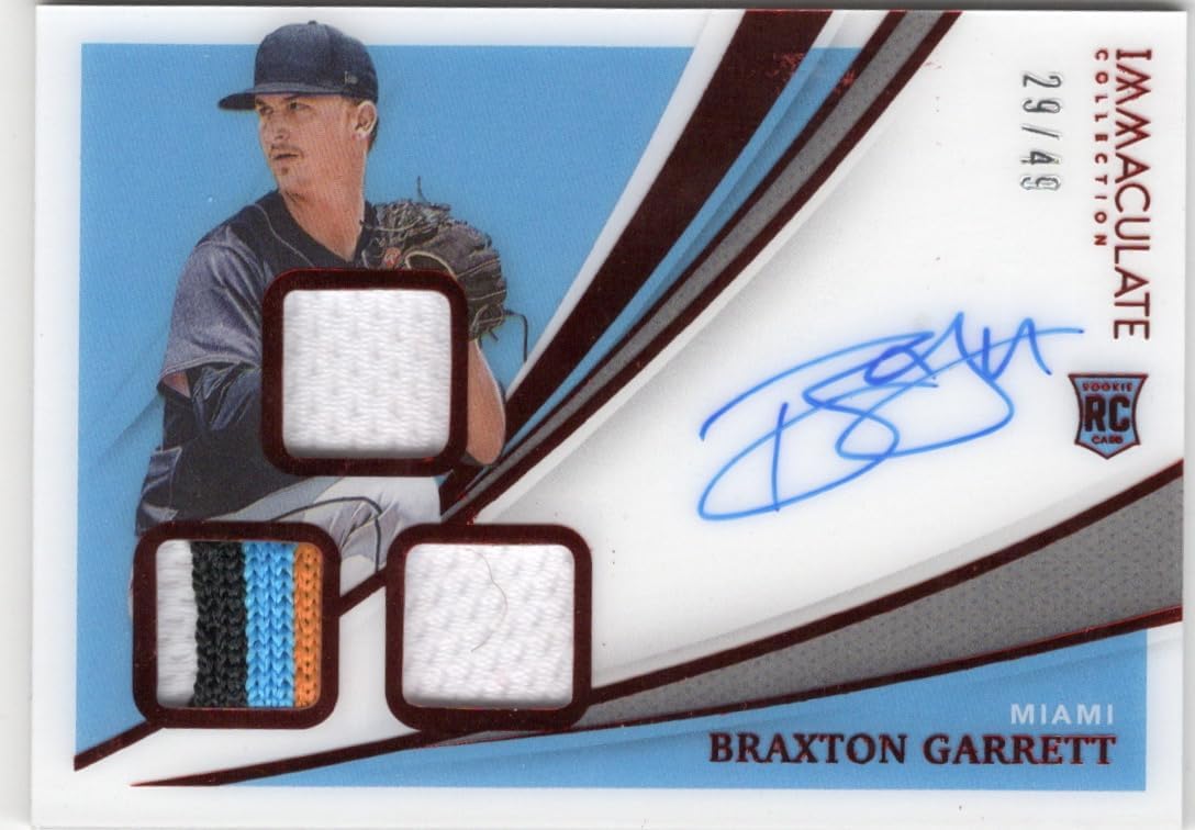 Braxton Garrett Serial Numbered #29/49 Autographed Red Parallel Triple Relic Jersey Memorabilia Game Used Rookie Card Immaculate Collection Special Insert Collectible Baseball Card - 2021 Panini Immacualte Collection Baseball Card #RTS-BG (Marlins )