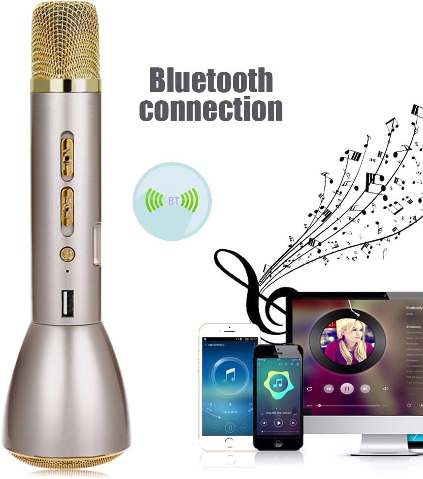 Wireless Bluetooth Microphone POVUMGA Portable Handheld Karaoke Speaker Player Singing Record Compatible with Android Smartphone Pad and Computer for Home/Party/Outdoor(Gold)