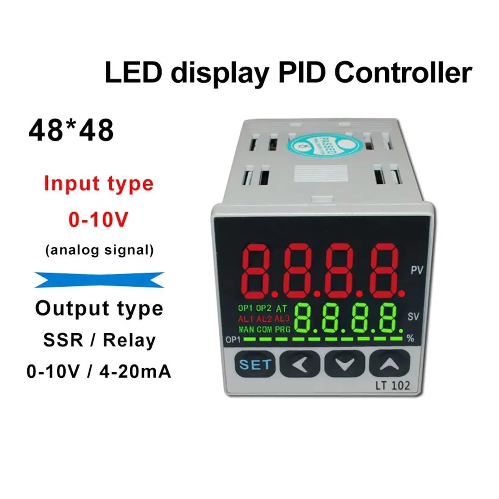 Régulateur de température LT102 48x48mm, régulateur de température PID, entrée 0-10V SSR/Relais/Sortie 4-20mA/0-10V, Affichage du thermomètre LED(SSR Output 2Alarms)