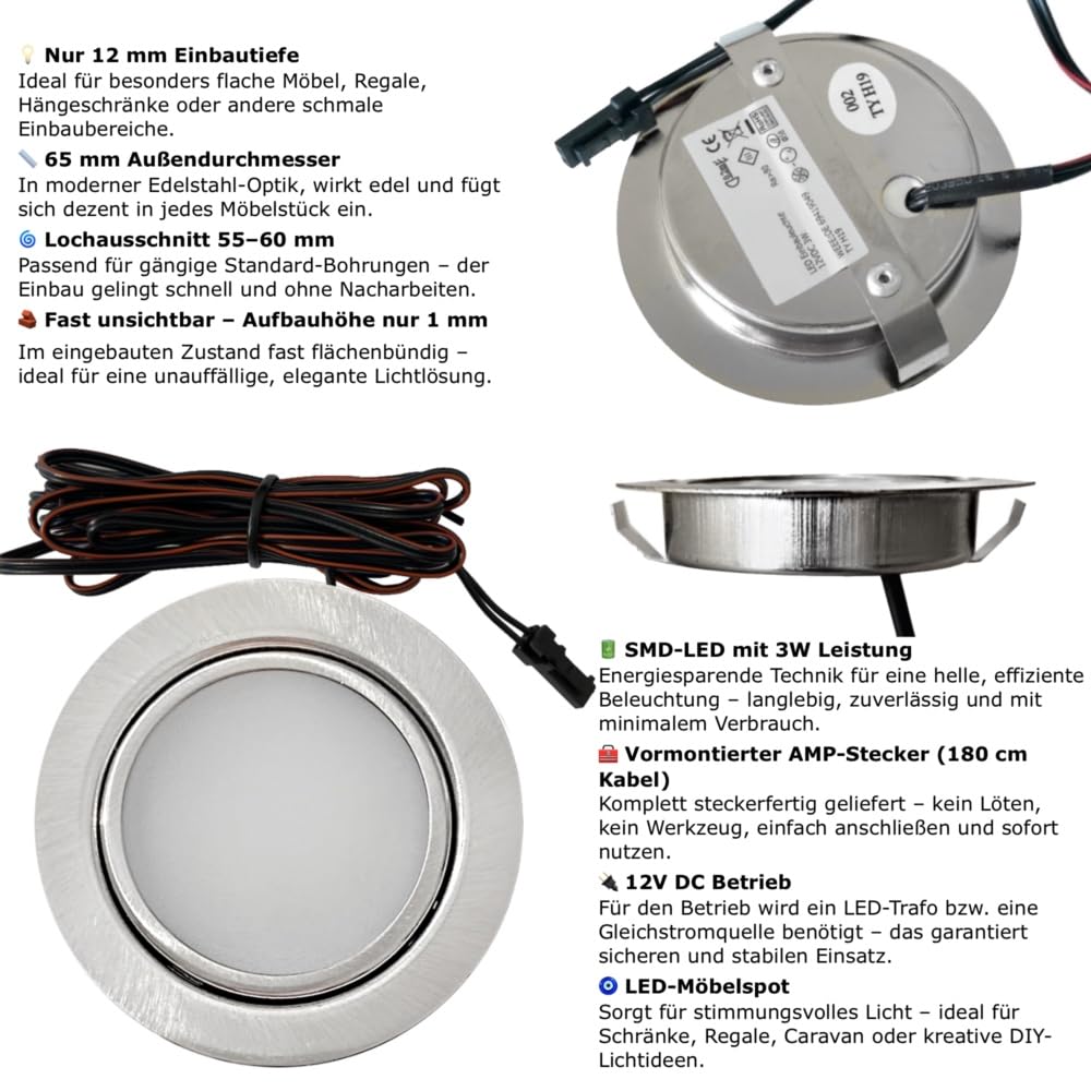4er Set Möbel Einbauleuchten Edelstahl Gebürstet Superflach 3W Warmweiß 3000K 180lm 12V Mit 15W LED Trafo 230V Zuleitung. Spots für Wohnzimmer, Küche oder Bad