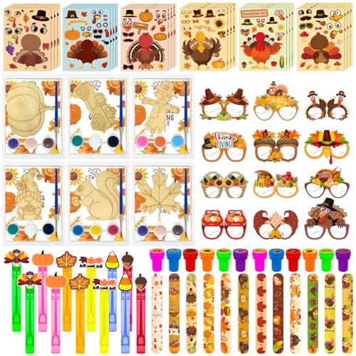 90 Pcs Thanksgiving Party Favors Fall Festival Prizes with Fall Paper Glasses Bubble Wands Slap Bracelet Arts DIY Coloring Craft Sticker Stamper for Thanksgiving Activities Autumn Harvest Party