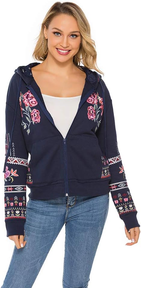 AK Women's Full Zip Long Sleeve Embroidered Sweatshirt Floral Boho Embroidered Mexican Hoodie Fall Winter Coat Tops Jackets - Image 2
