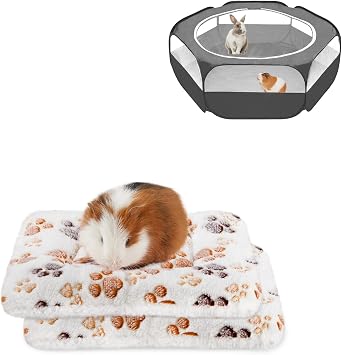 Amakunft 2 Pcs Guinea Pig & Rabbit Bed Mats & Guinea Pig Playpen with Cover, Hamster Playpen with Top, Rabbit Pop Up Playpen with Roof