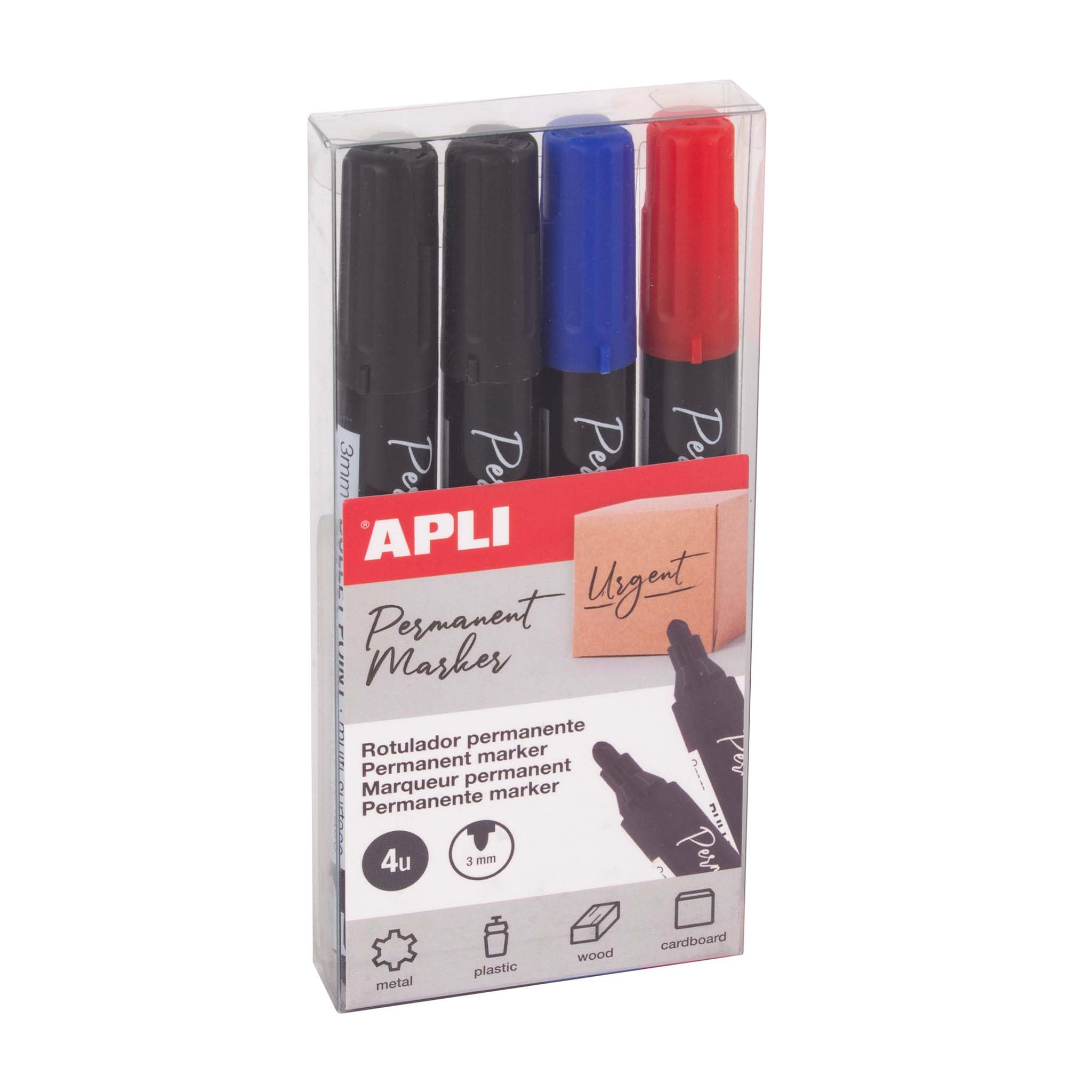 APLI 19685 – Pack of 4 permanent markers with round tip, 3 mm, in assorted colours.