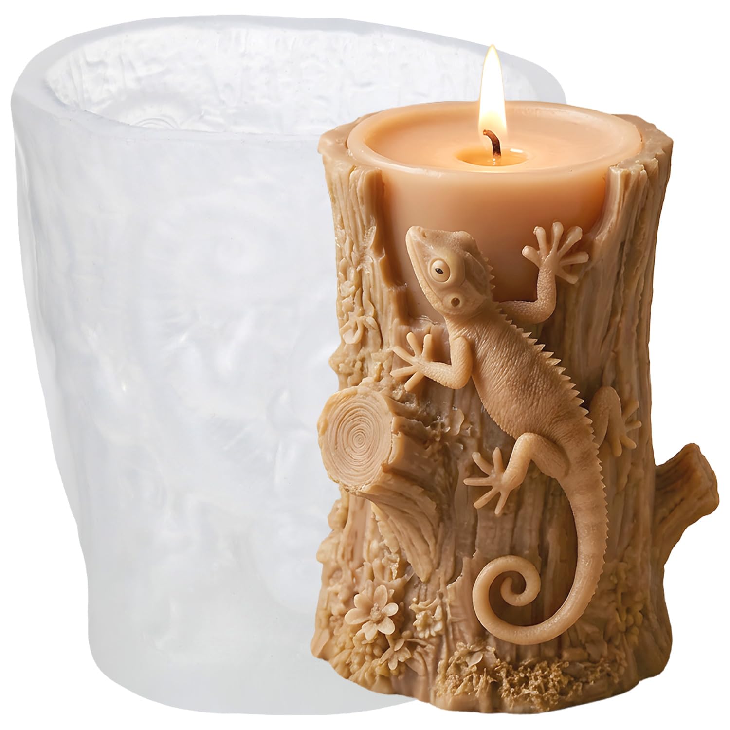 XIAOSHUI 3D Lizard Pillar Candle Moulds Tree Stump Lizard Candle Silicone Mould for Candles Making Resin Casting Aromatherapy Candles Wax Home Decoration