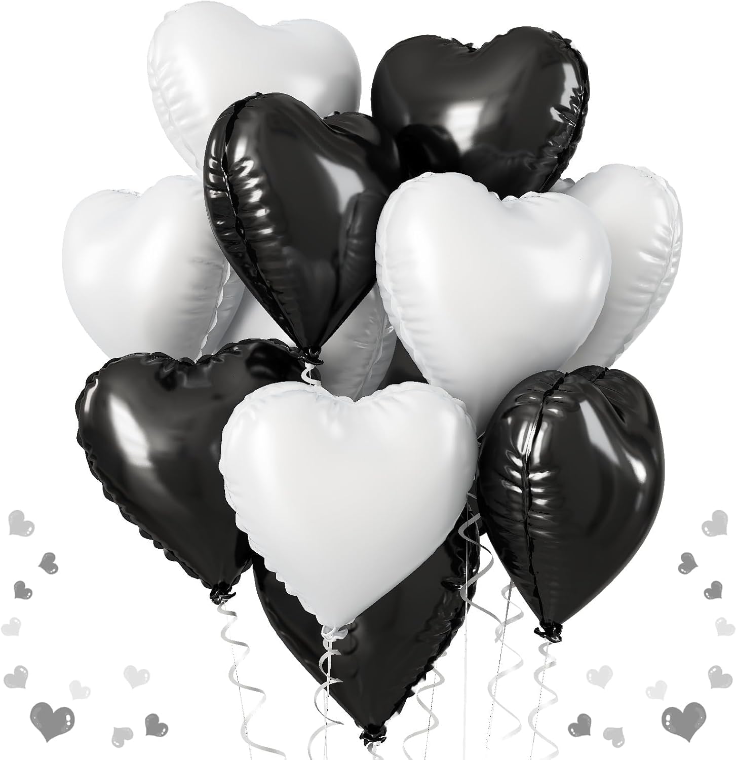 10Pcs 18" Black White Heart Balloons Engagement Decor with Straw & Ribbon