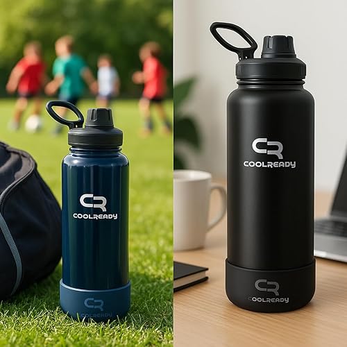 Miniatura 8 de Botella de agua negra de acero inoxidable de 40 onzas  Botella aislada de boca ancha con tapa de popote y boquilla, funda de silicona, botella