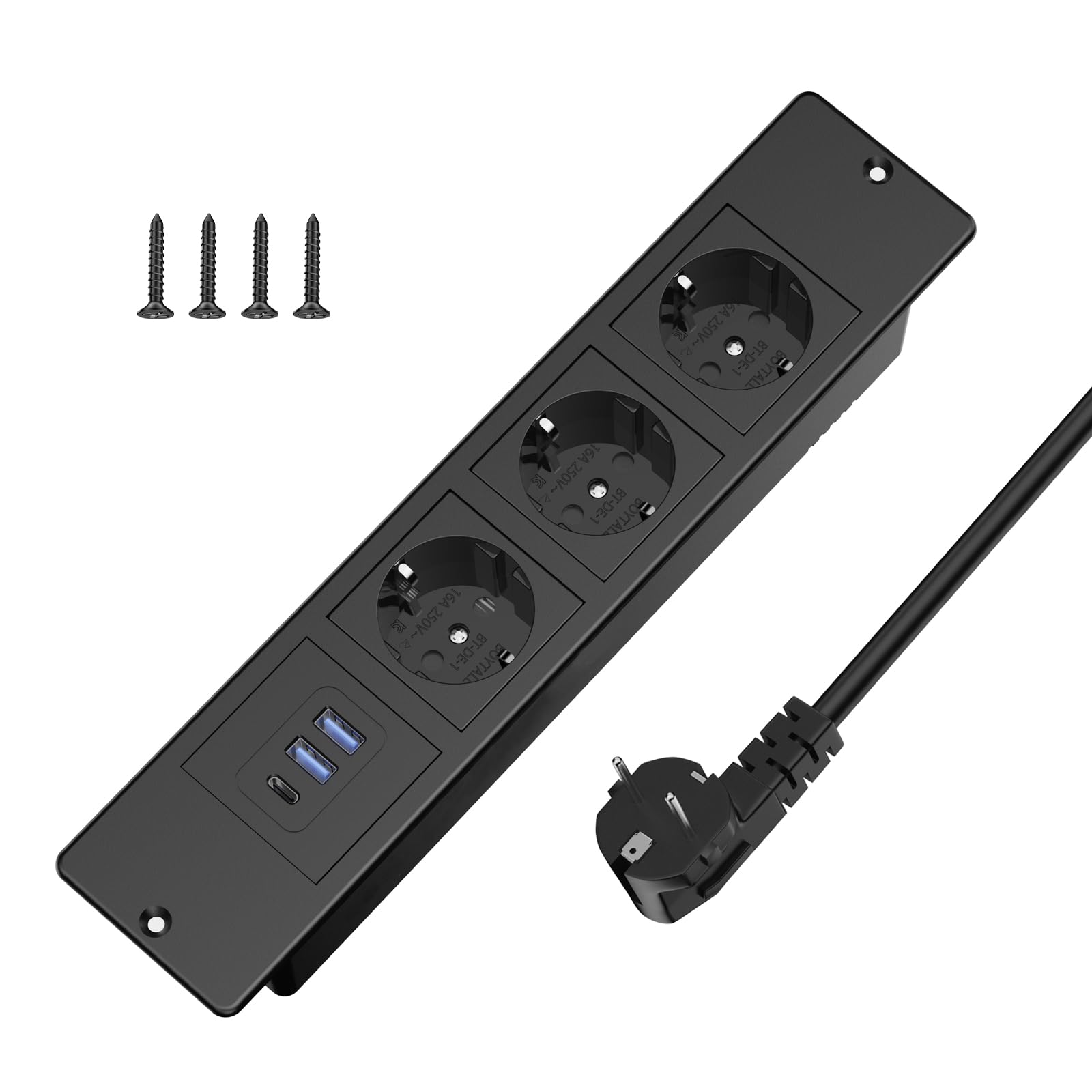 Tischsteckdose, Einbausteckdose mit USB-C & Schalter, 3-Fach Steckdosenleiste versenkbar, Tischsteckdose Mehrfachsteckdose mit 2m Kabel, für Schreibtisch, Konferenztisch, Möbel (Schwarz)