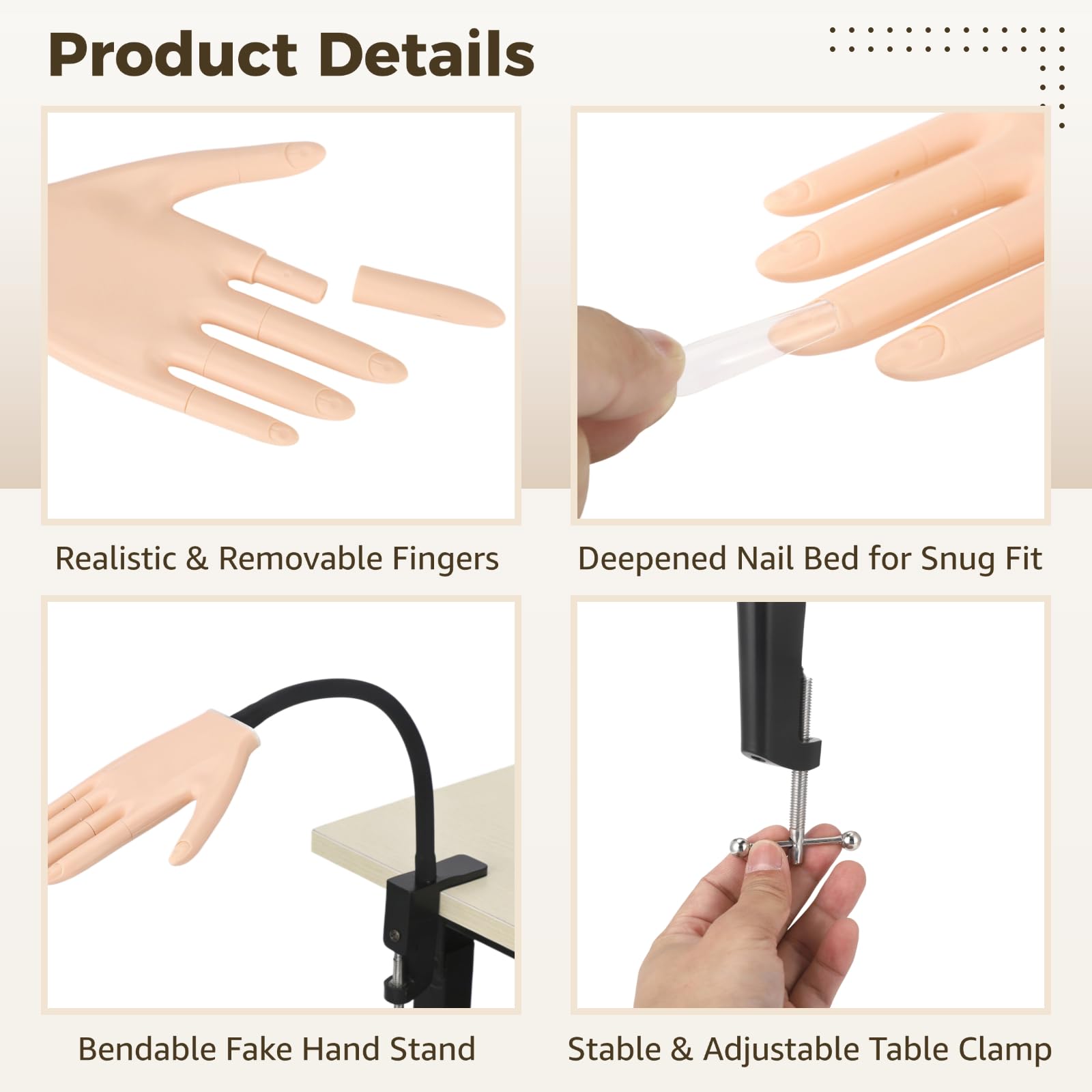 Main d'entraînement pour ongles en acrylique, modèle d'entraînement en silicone, outil d'entraînement des ongles avec support réglable et doigts amovibles pour débutants, comprend 240 embouts