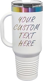 Personalized 40 oz (16 Colors) Powder Coated Insulated Stainless Steel Tumbler Travel Mug with Handle Lid Straw, Your Text Here, Customized Etched Message Name, Engraved Gift Ideas Women (White/Prism)