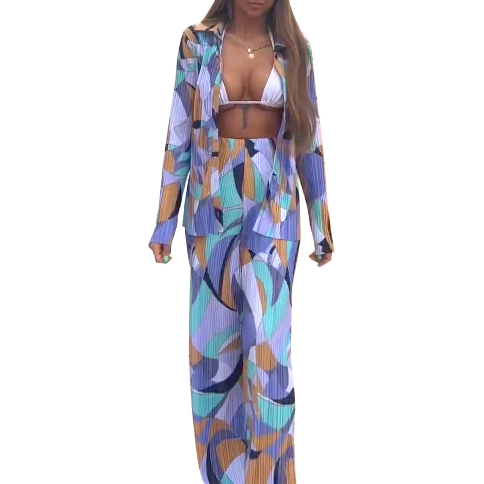 YILEEGOO Womens Sets 2 Piece Outfits Y2K Summer Oversized Floral Printed Two Piece High Waist Wide Leg Pants Casual Streetwear