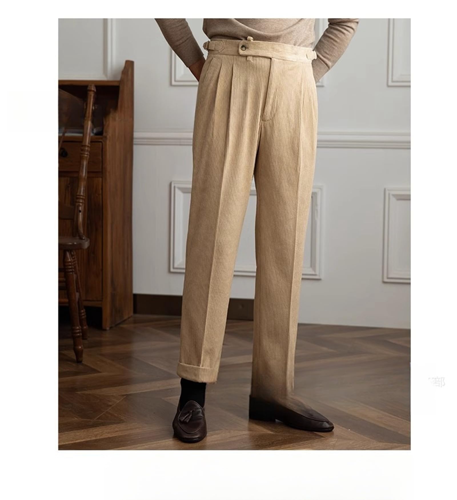 Pantalon en tweed taille haute pour homme - Pantalon vintage en laine plissée sur le devant - Pantalon de costume avec taille extensible - Pantalon Ben Davis