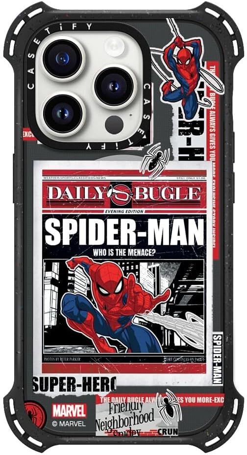 CASETiFY Bounce iPhone 15 Pro Case [Spider-Man Co-Lab / 6X Military Grade Drop Tested / 21.3ft Drop Protection/Compatible with Magsafe] - Spider-Man Newspaper Sticker Case - Triple Black