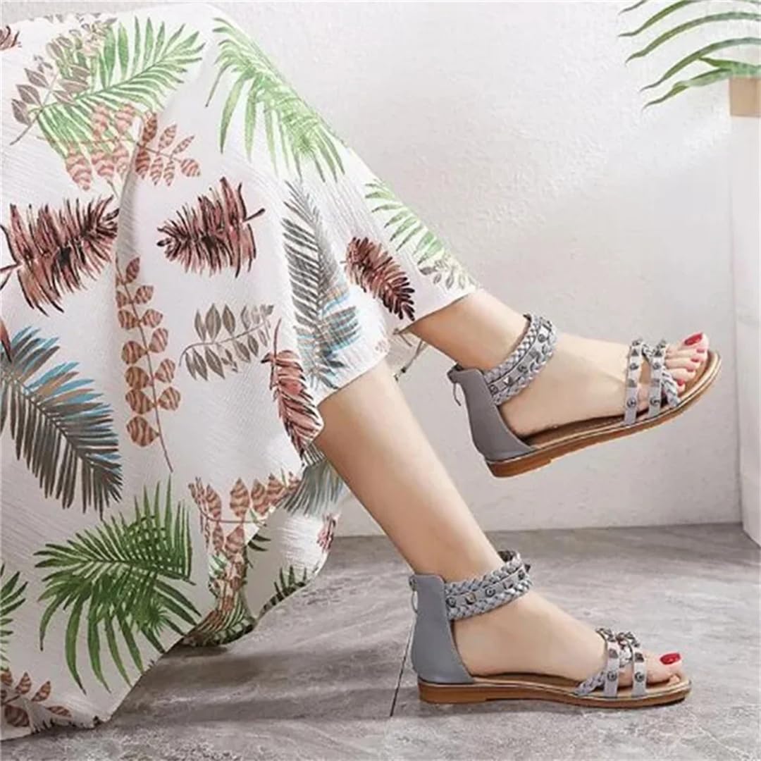 Sandalias étnicas con banda elástica para mujer, con correa de tobillo, tacón plano, con parte lateral abierta, estilo étnico, con remache superior, tejidas, retro, romanas, informales, de verano