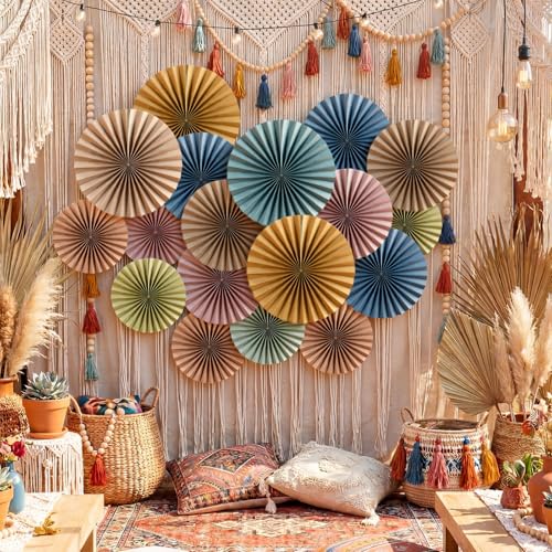 Image of 9 Pack Boho Paper Fan Decorations, Neutral Hanging Fans for Classroom Decor, Bulletin Board Party Backdrop, 8 /12 /16 Inch Foldable Round Ceiling Decor for Classroom Birthday Wedding Office