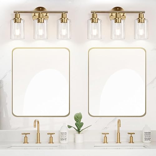 Miniatura 4 de Lámparas de baño de 3 luces, luces de pared de baño de latón cepillado, moderna lámpara de tocador de baño con pantalla de vidrio transparente,