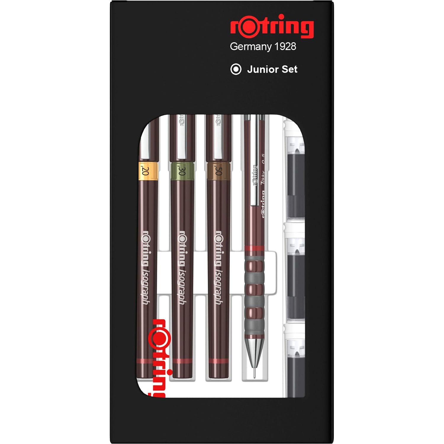rOtring - Set de 3 Bolígrafos técnicos Isograph S0699320 Junior, 0.20 mm, 0.30 mm, 0.50 mm bolígrafos de punta fina y accesorios con cuaderno